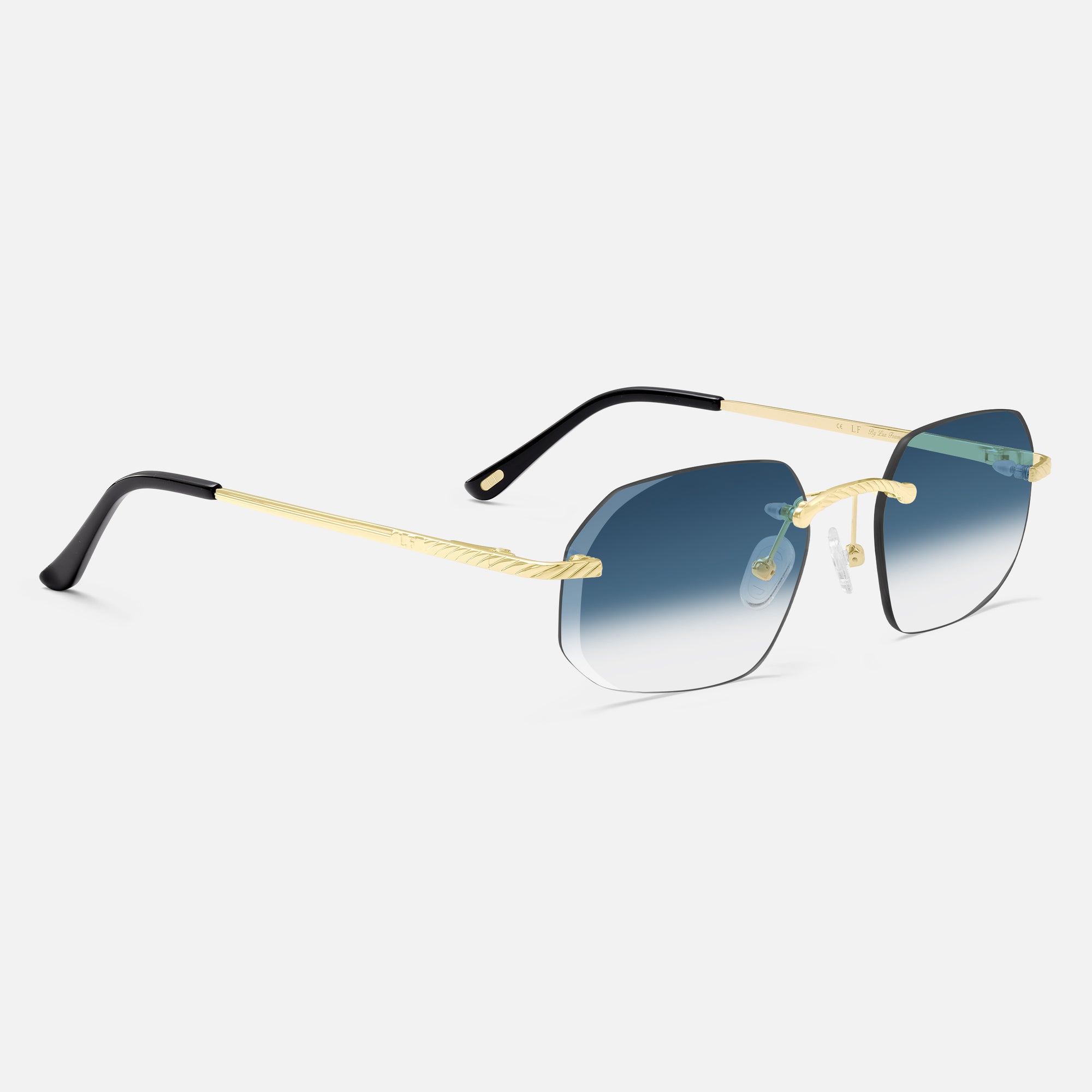 Gold Rimless Sunglasses, Rimless Class VII Blue Gradient, Side View