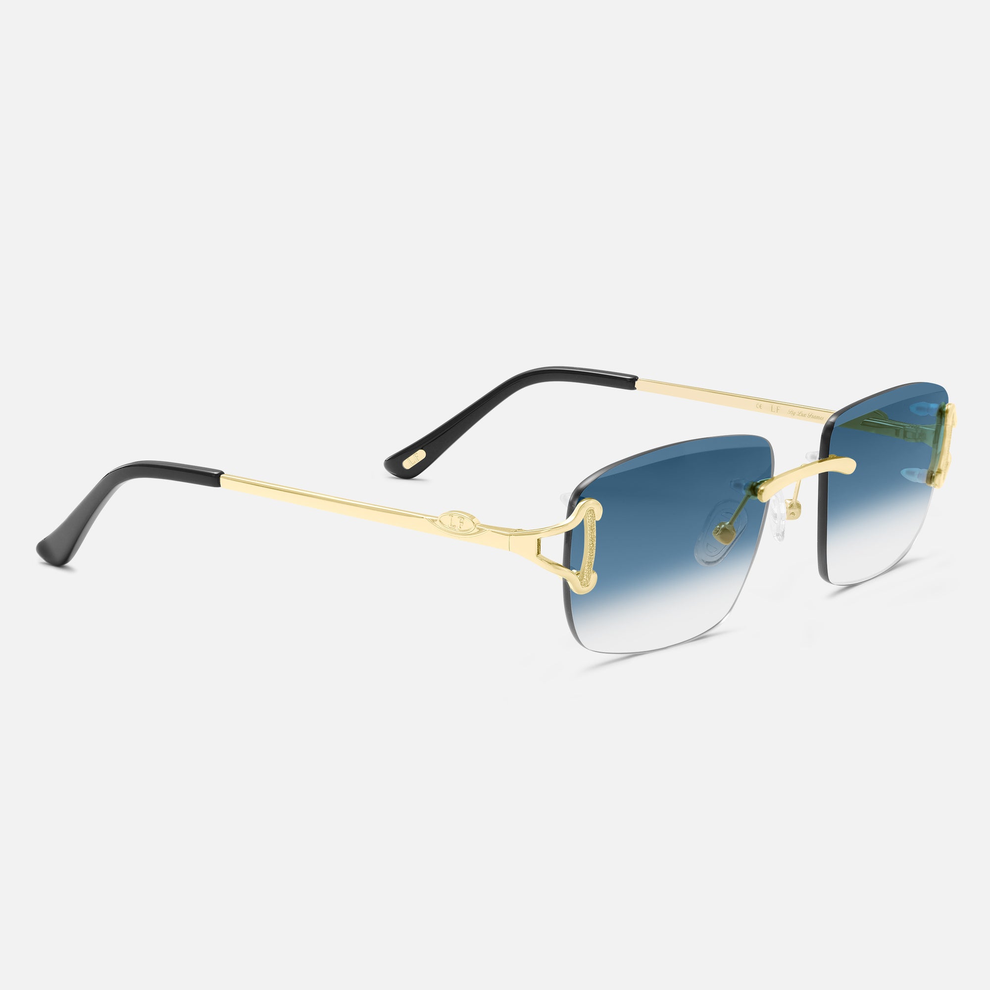 Gold Rimless Sunglasses, Rimless Class IX Blue Gradient, Side View