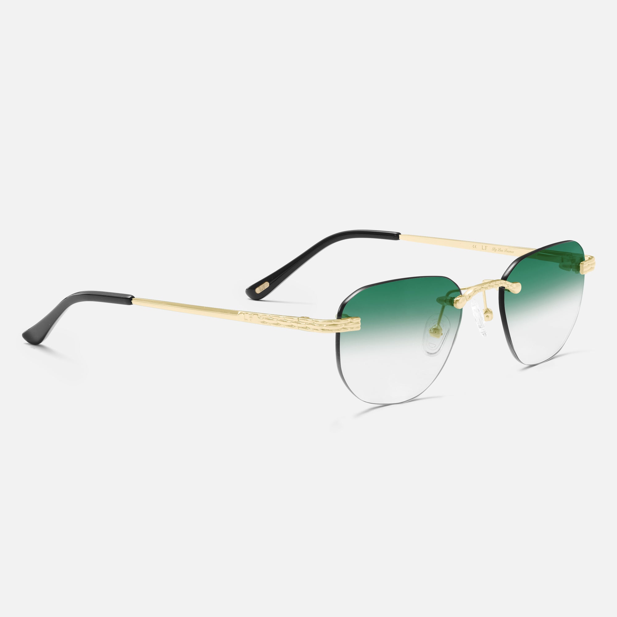 Gold Rimless Sunglasses, Rimless Class I Green Gradient, Side View